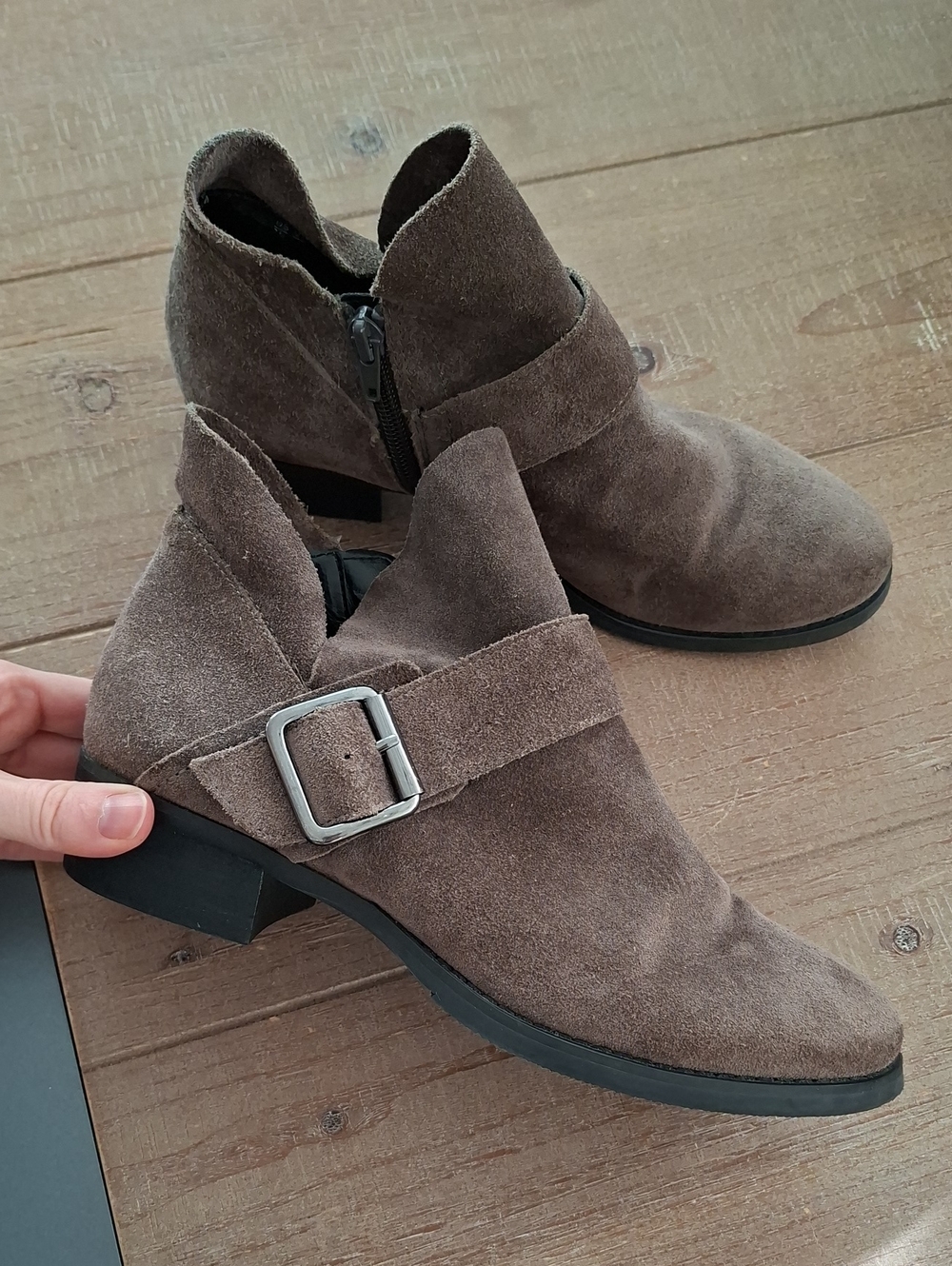 Franco Sarto Grey/Dark Taupe Genuine Suede Moto/Biker Chelsea Boots (Size US 7)